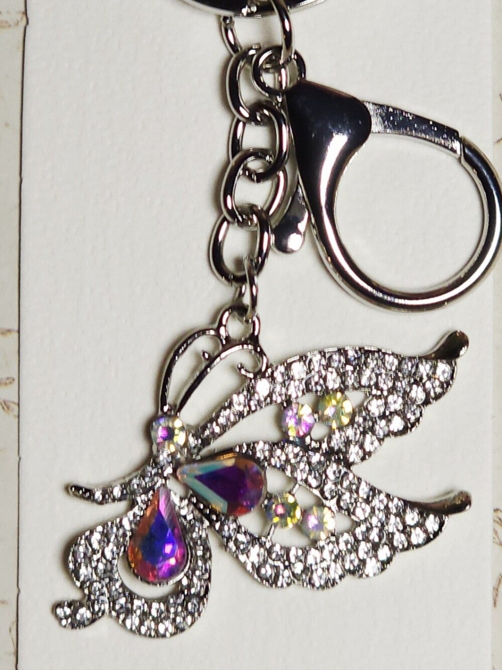 Crystal Rhinestone Butterfly Keychain Purse Charm Silver Tone AB Crystal